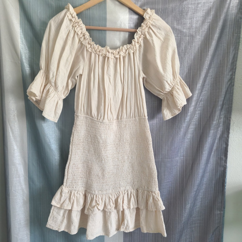 Petal + Pup Cream Cotton Smocked Ruffle Mini Dress‎ Ivory Womens 4 Peasant Faire